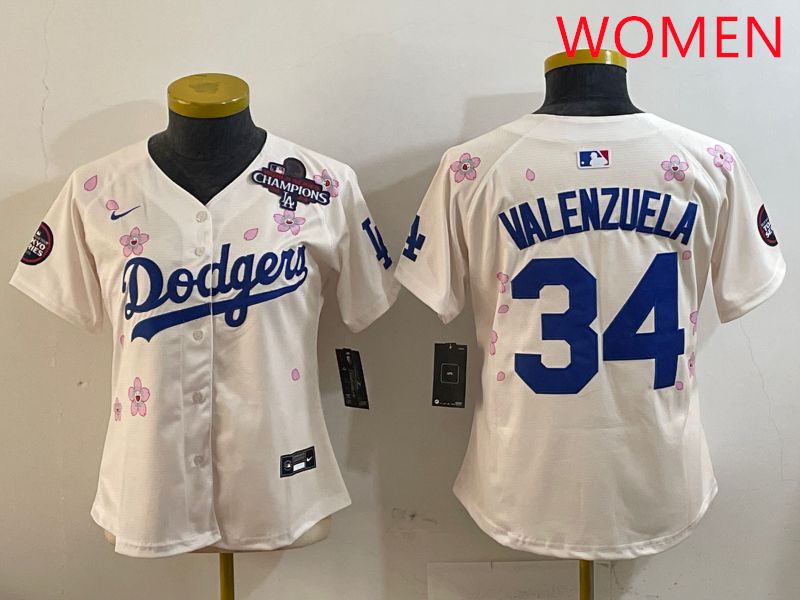 Women Los Angeles Dodgers #34 Valenzuela Cream Sakura Edition 2025 Nike MLB Jersey style 3